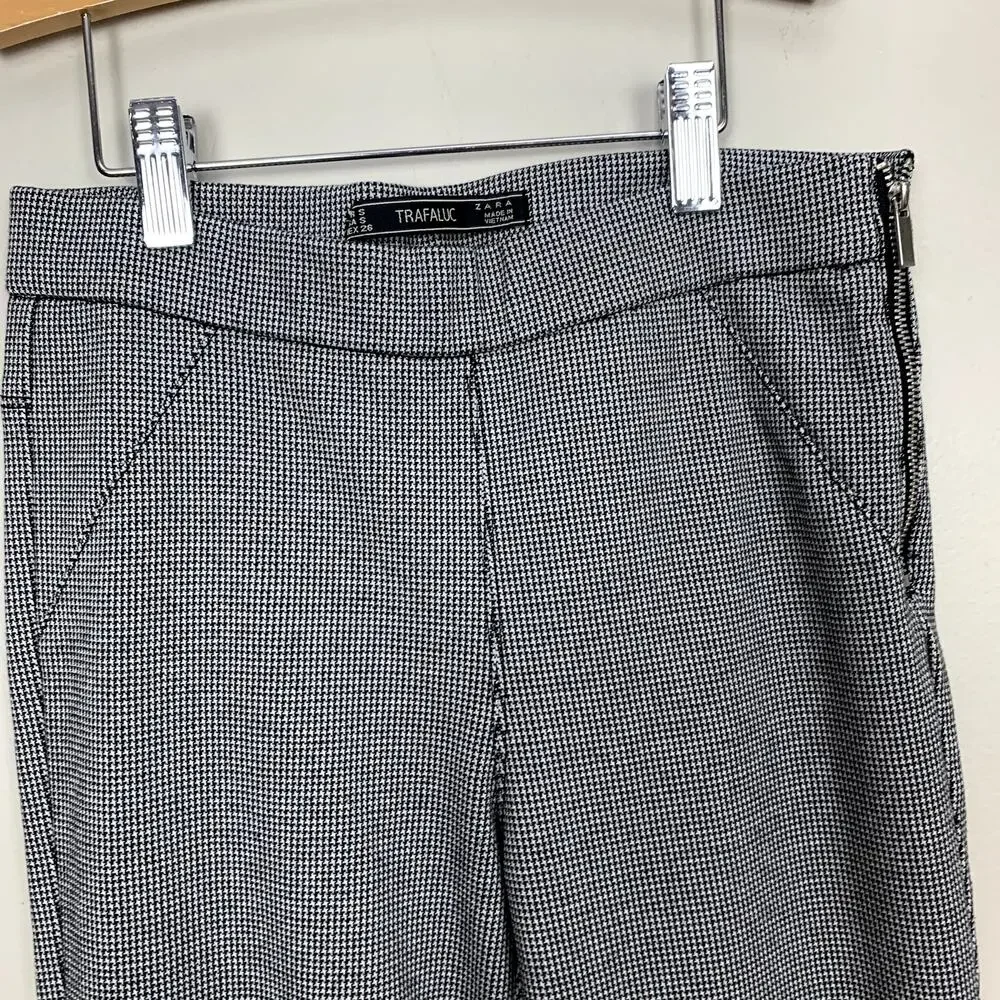 Zara Trafaluc Black White Houndstooth Pull On Ponte Knit Ankle Flare Pants S